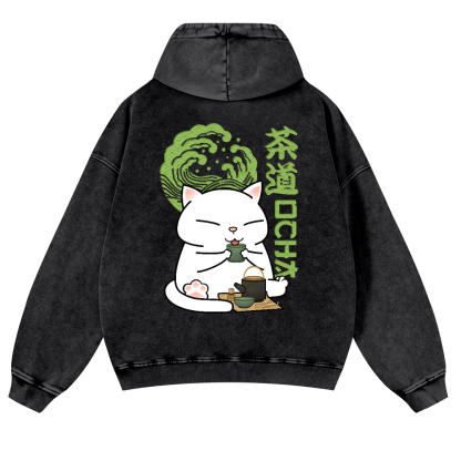 Cat Tea Vintage Washed Cotton Back Art Hoodie