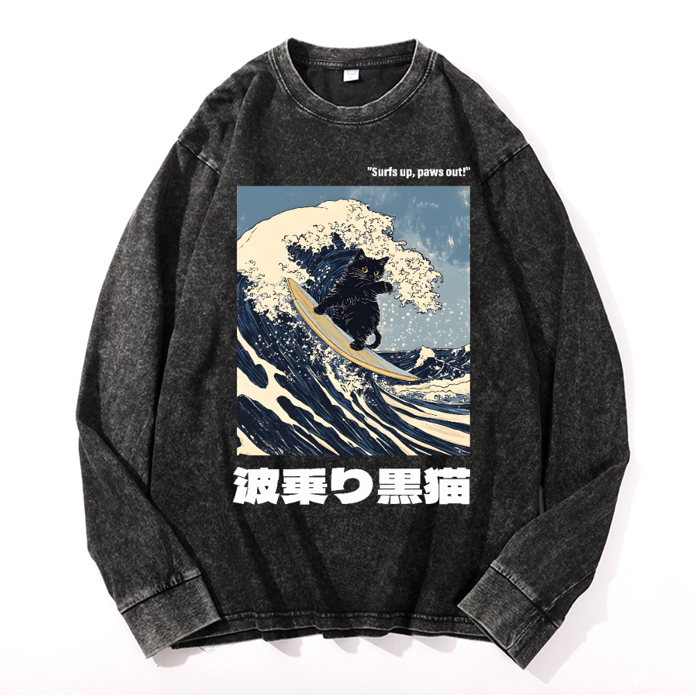 Black Cat Great Wave Vintage Cotton Wash Long-sleeve T-shirt