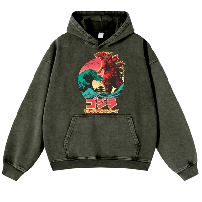 Godzilla Wave Vintage Washed Thick Cotton Hoodie
