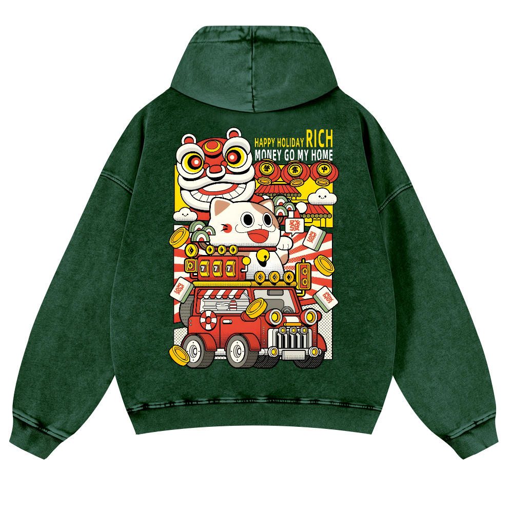Cat Vintage Washed Cotton Back Art Hoodie