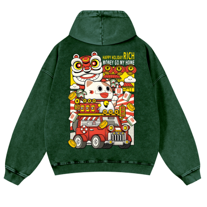 Cat Vintage Washed Cotton Back Art Hoodie
