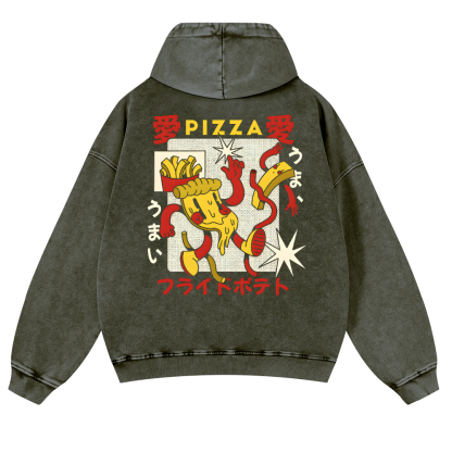 Japanese Pizza and French Fries Vintage Washed Cotton Back Art Hoodie