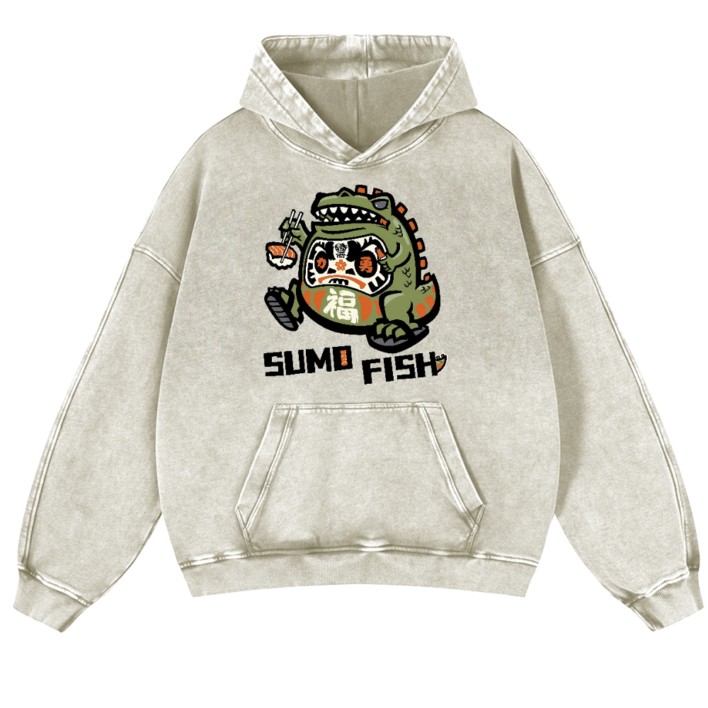 Sumo Fish Daruma Sushi Vintage Washed Thick Cotton Hoodie
