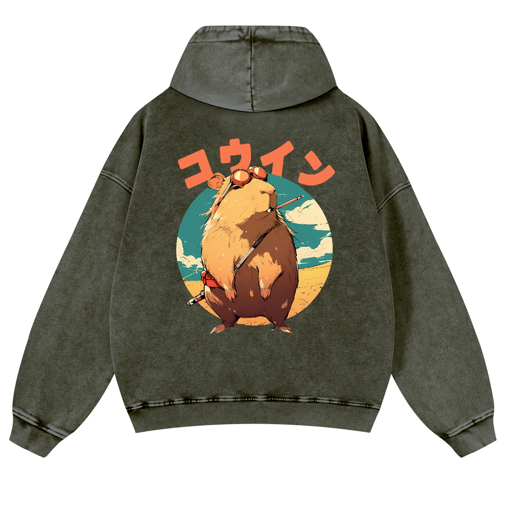 Capybara Vintage Washed Cotton Back Art Hoodie