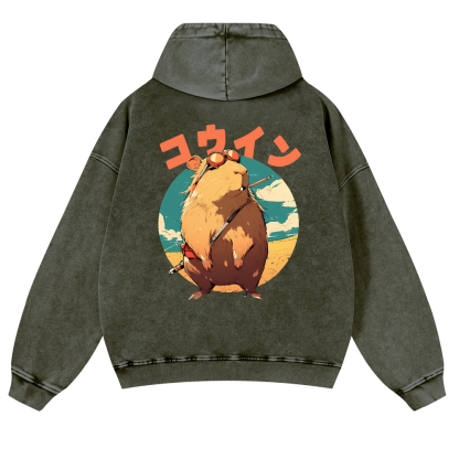 Capybara Vintage Washed Cotton Back Art Hoodie