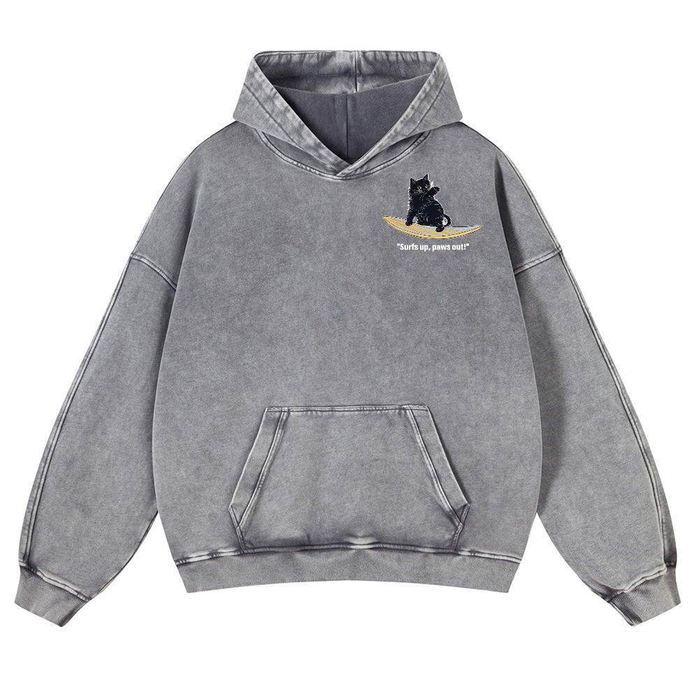 Black Cat Great Wave Vintage Washed Cotton Back Art Hoodie