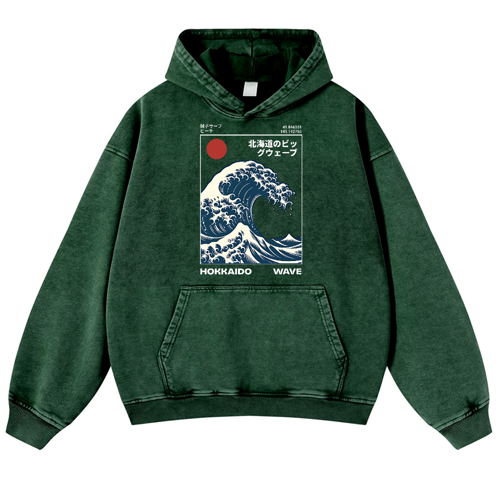 Hokkaido Wave Vintage Washed Thick Cotton Hoodie