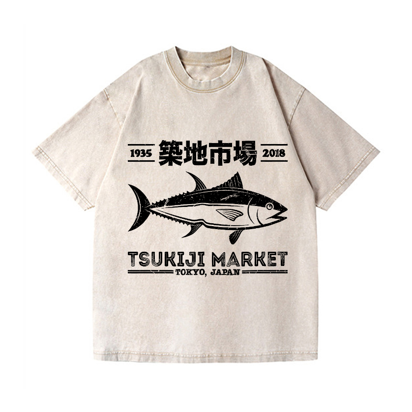 Tsukiji Market Tokyo Japan Fish Vintage Wash Japanese Design T-Shirt