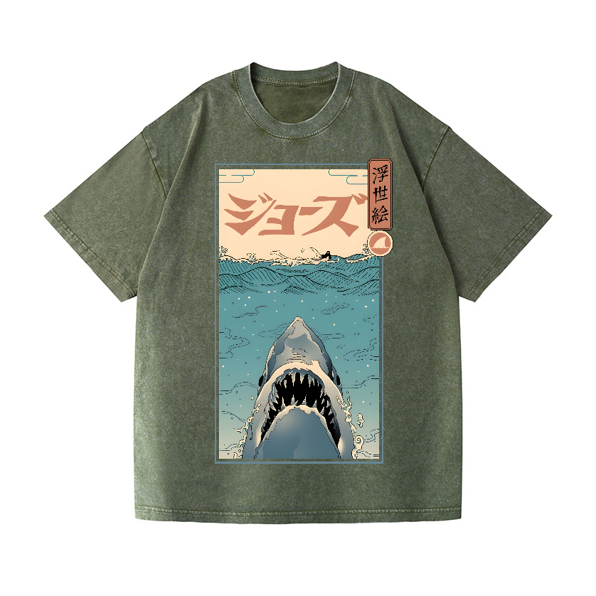 Ukiyoe Shark Jaws Vintage Wash Japanese Design T-Shirt