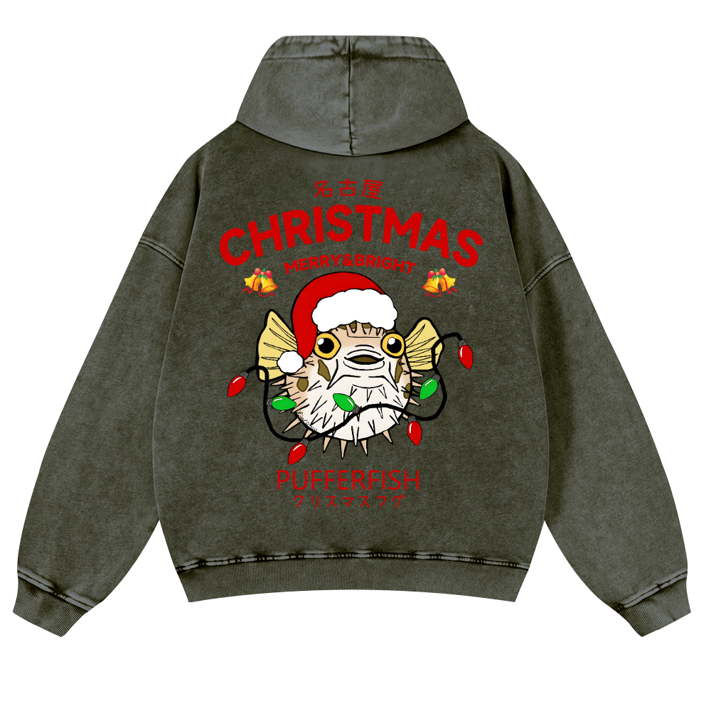Christmas Puffer Fish Vintage Washed Cotton Back Art Hoodie
