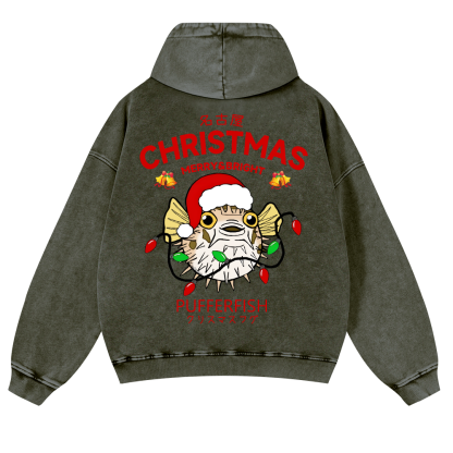 Christmas Puffer Fish Vintage Washed Cotton Back Art Hoodie