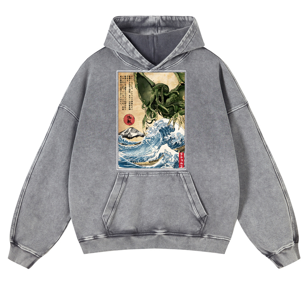 Octopus Ukiyoe Vintage Washed Thick Cotton Hoodie