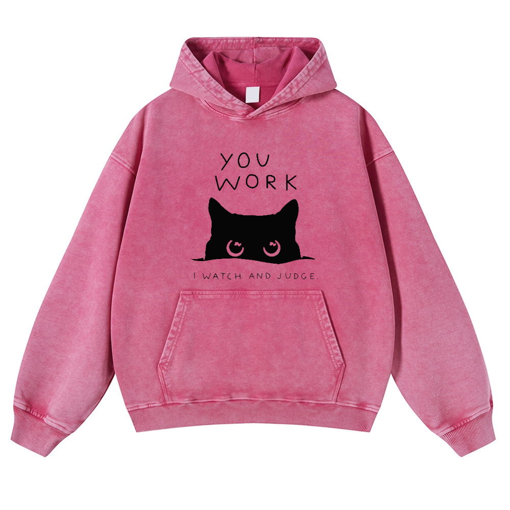 Cat Watching Your Work Vintage Washed Thick Cotton Hoodie