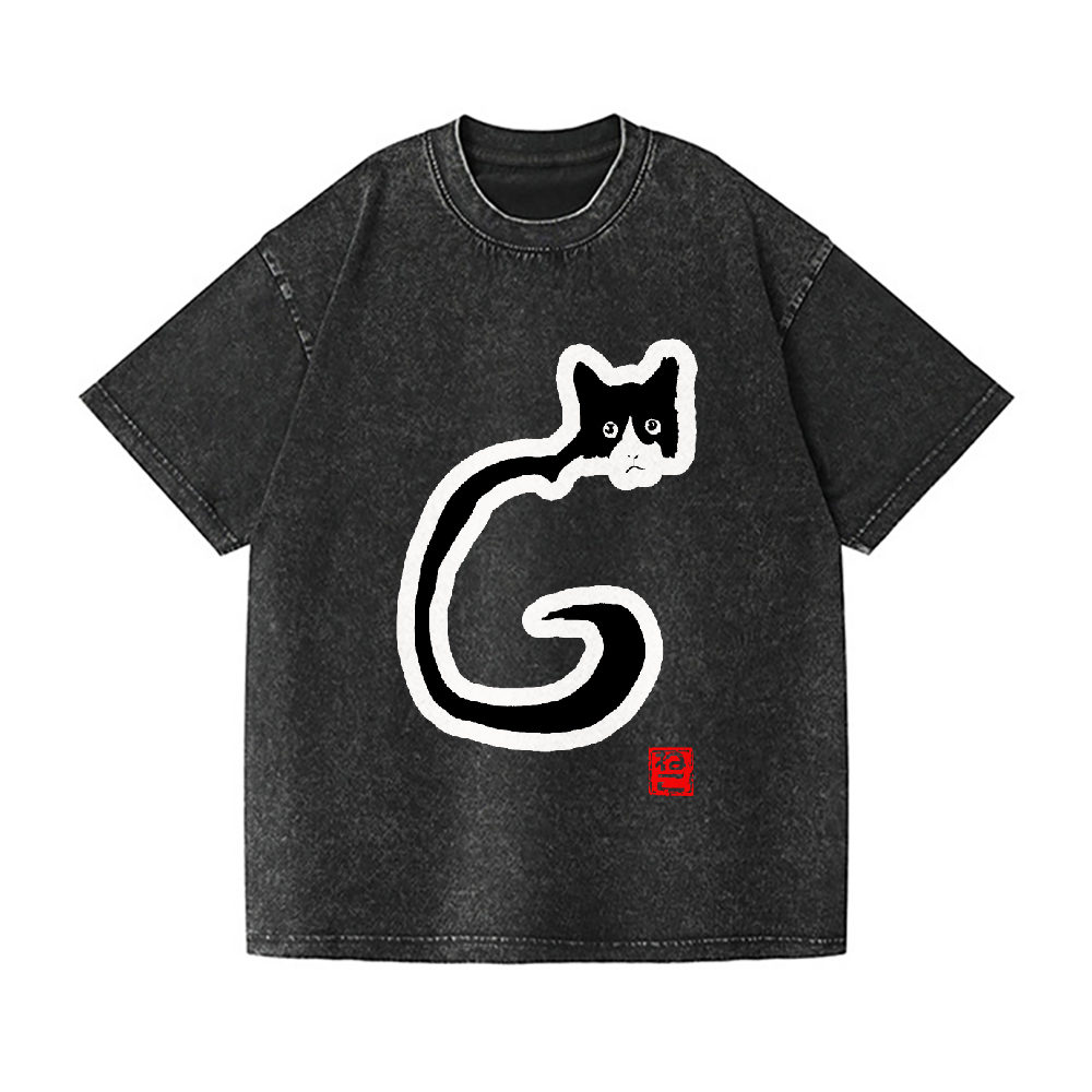 Black Ink Cat Neko Vintage Wash Japanese Design T-Shirt