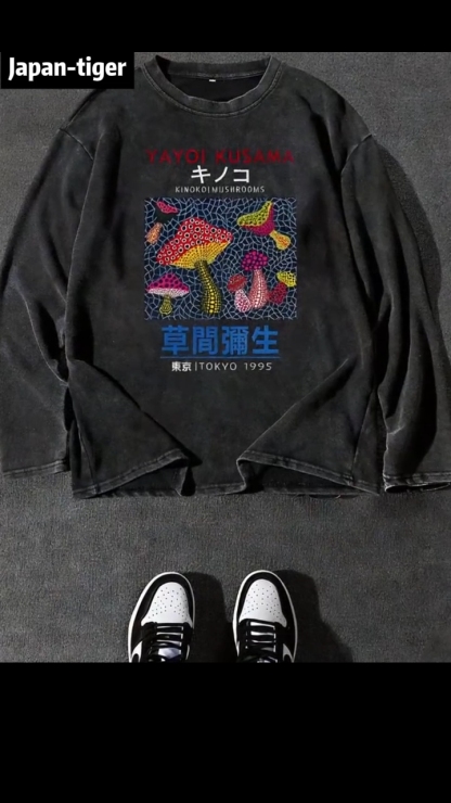Yayoi Kusama Mushroom Vintage Cotton Wash Crewneck Long-Sleeve T-Shirt
