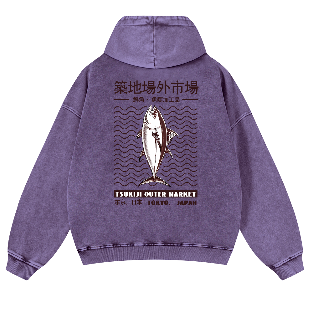 Tsukiji Outer Market Fish Vintage Washed Cotton Back Art Hoodie