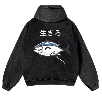 The Living Fish Vintage Washed Cotton Back Art Hoodie