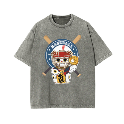 Baseball Maneki Neko Vintage Wash Japanese Design T-Shirt