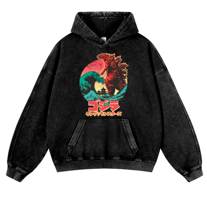Godzilla Wave Vintage Washed Thick Cotton Hoodie