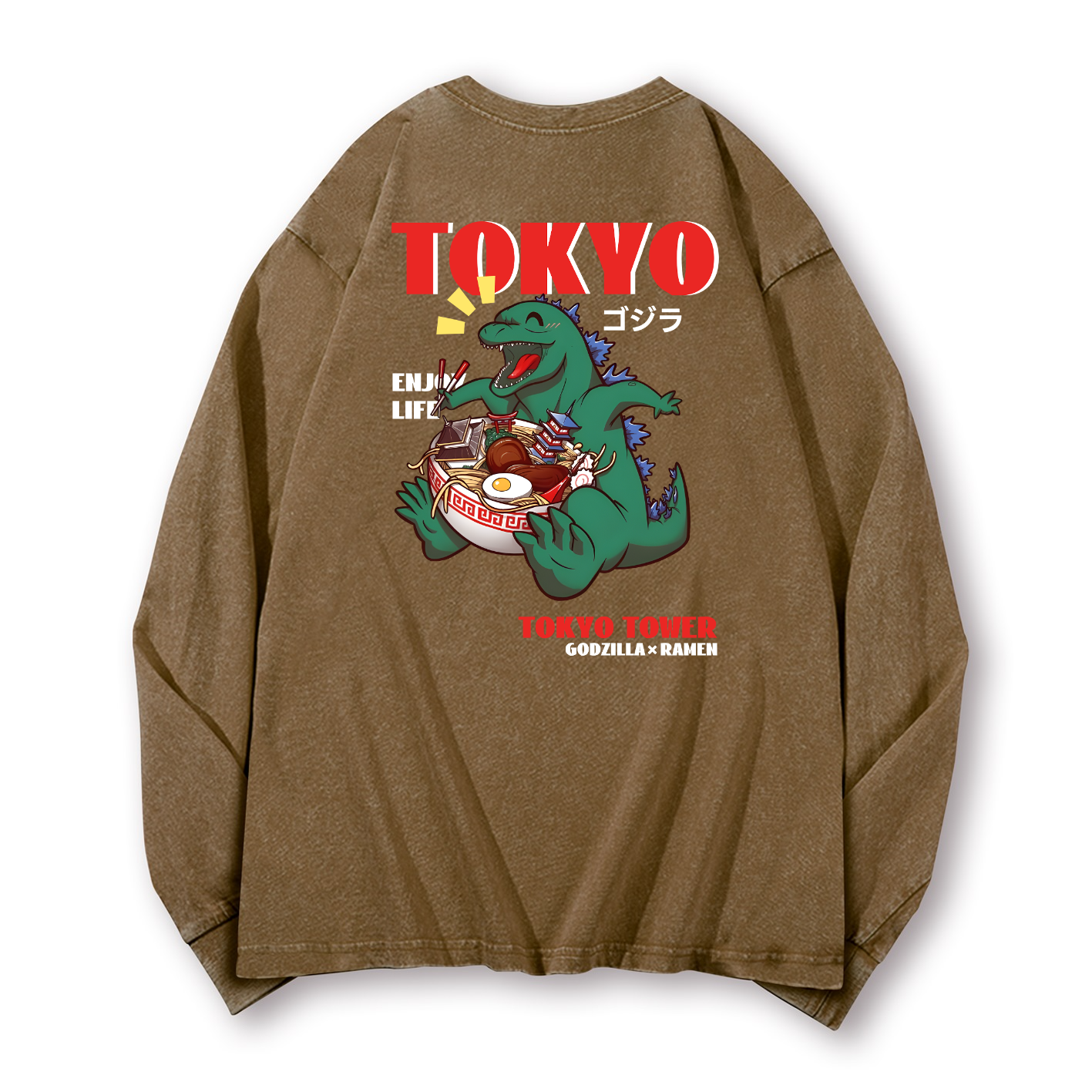 Ramen Godzilla Vintage Washed Cotton Back Art Long-sleeve T-shirt