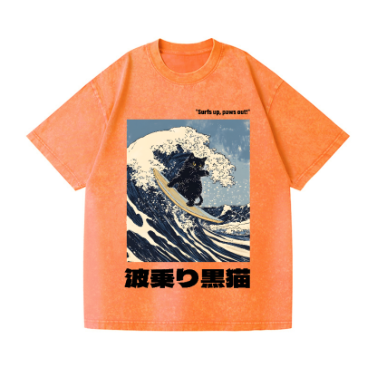 Black Cat Great Wave Vintage Wash Japanese Design T-Shirt