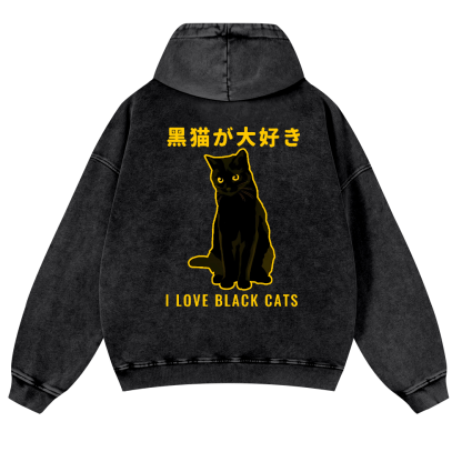 Black Cat Vintage Washed Cotton Back Art Hoodie