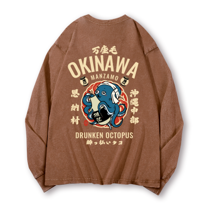 Okinawa Drunken Octopus Vintage Washed Cotton Back Art Long-sleeve T-shirt