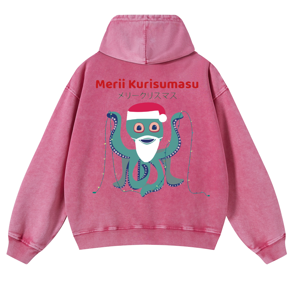 Christmas Octopus Vintage Washed Cotton Back Art Hoodie