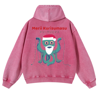 Christmas Octopus Vintage Washed Cotton Back Art Hoodie