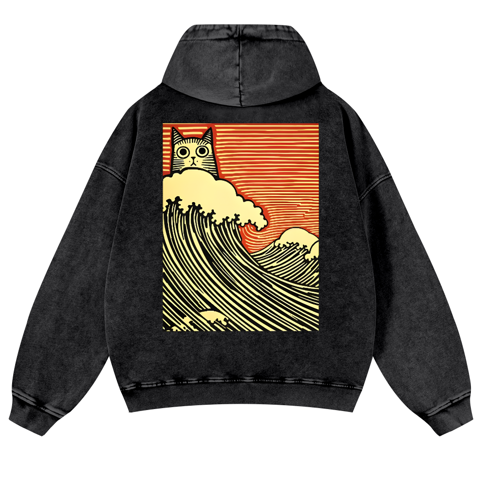 Cat Wave Vintage Washed Cotton Back Art Hoodie
