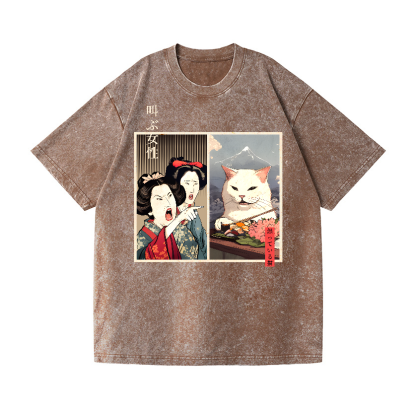Women Yelling Cats Vintage Wash Japanese Design T-Shirt