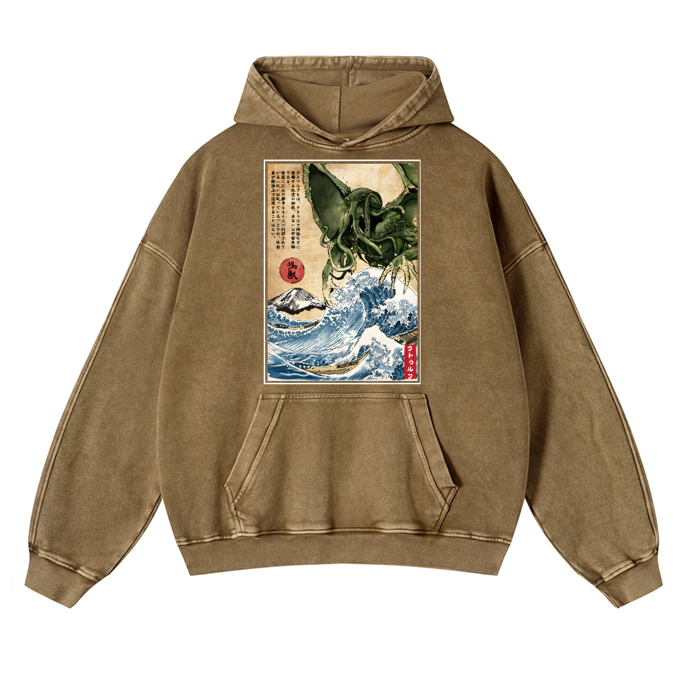 Octopus Ukiyoe Vintage Washed Thick Cotton Hoodie