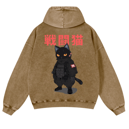 Battle Black Cat Vintage Washed Cotton Back Art Hoodie