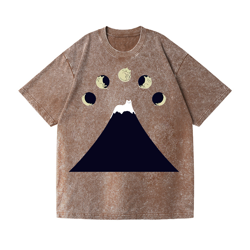 Mount FUJI Moon Cat Vintage Wash Japanese Design T-Shirt