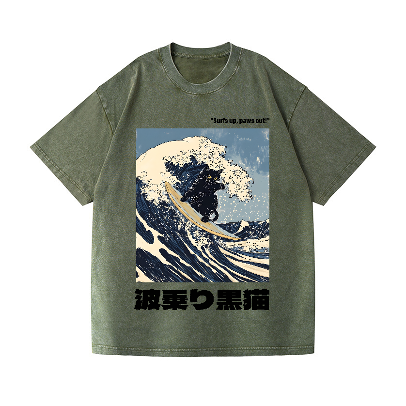 Black Cat Great Wave Vintage Wash Japanese Design T-Shirt
