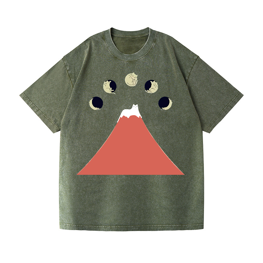 Mount FUJI Moon Cat Vintage Wash Japanese Design T-Shirt