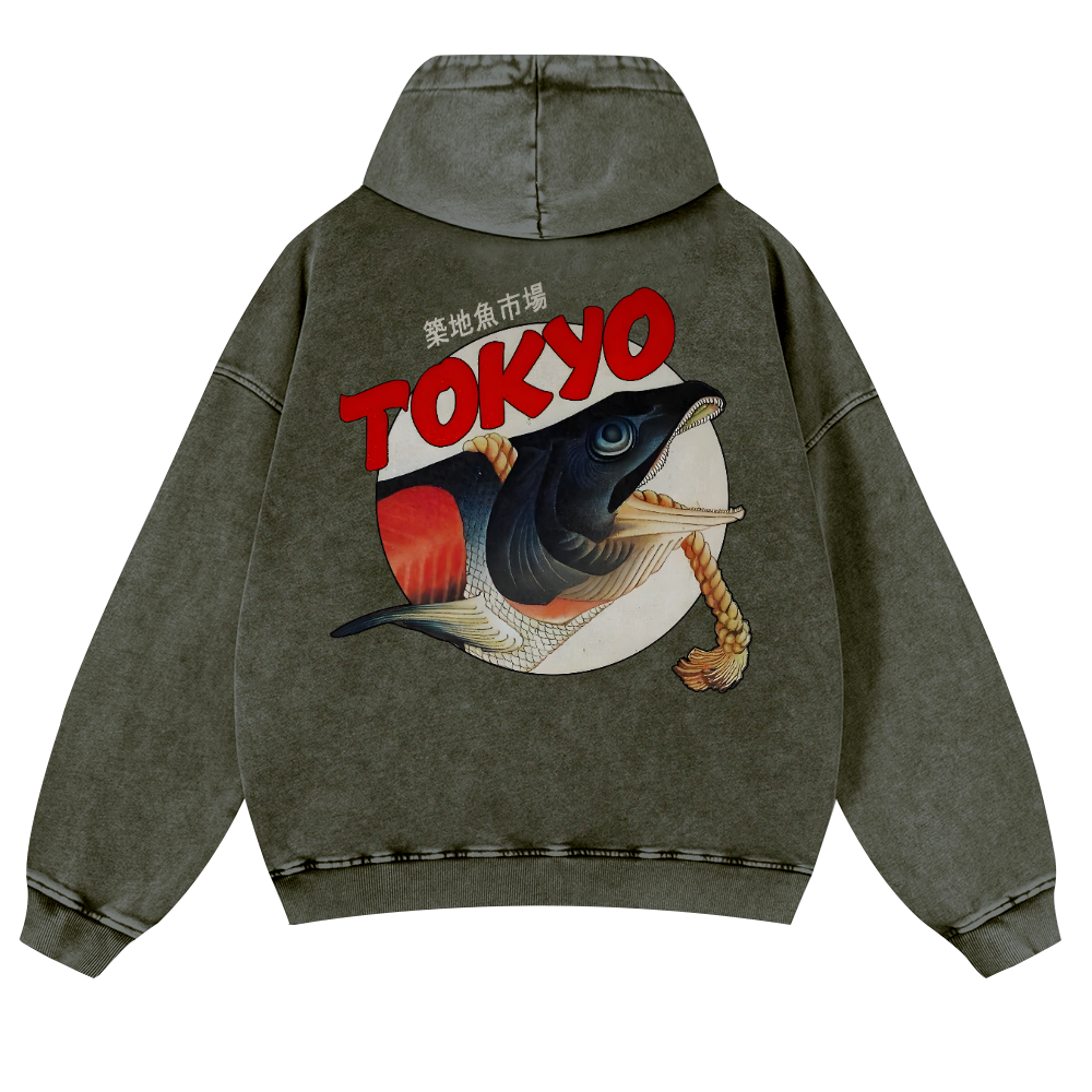 Tsukiji Fish Market Vintage Washed Cotton Back Art Hoodie