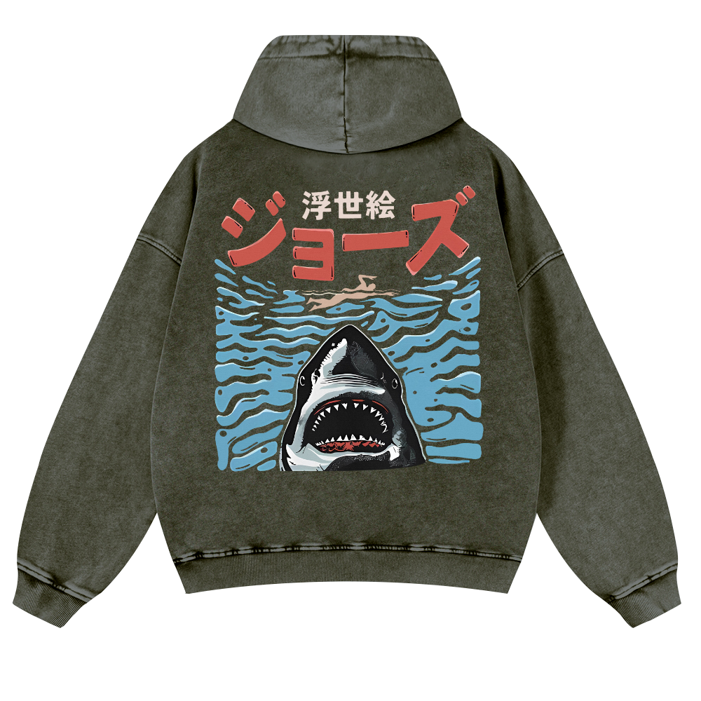 Ukiyoe Jaws Shark Vintage Washed Cotton Back Art Hoodie