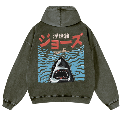 Ukiyoe Jaws Shark Vintage Washed Cotton Back Art Hoodie