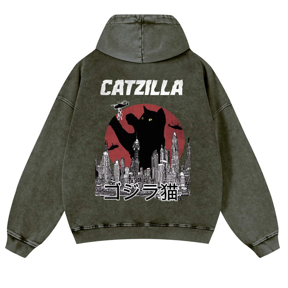 Catzilla Cat Godzilla Vintage Washed Cotton Back Art Hoodie