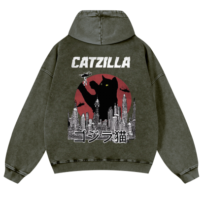Catzilla Cat Godzilla Vintage Washed Cotton Back Art Hoodie