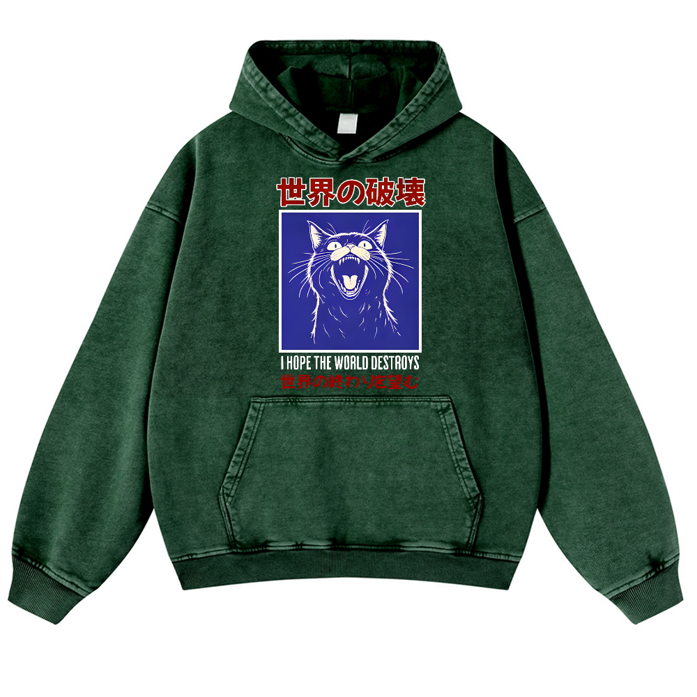 Cat Vintage Washed Thick Cotton Hoodie