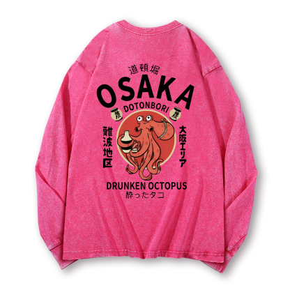 Osaka Dotonbori Drunken Octopus Vintage Washed Cotton Back Art Long-sleeve T-shirt