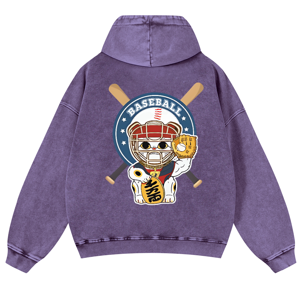 Baseball Cat Vintage Washed Cotton Back Art Hoodie
