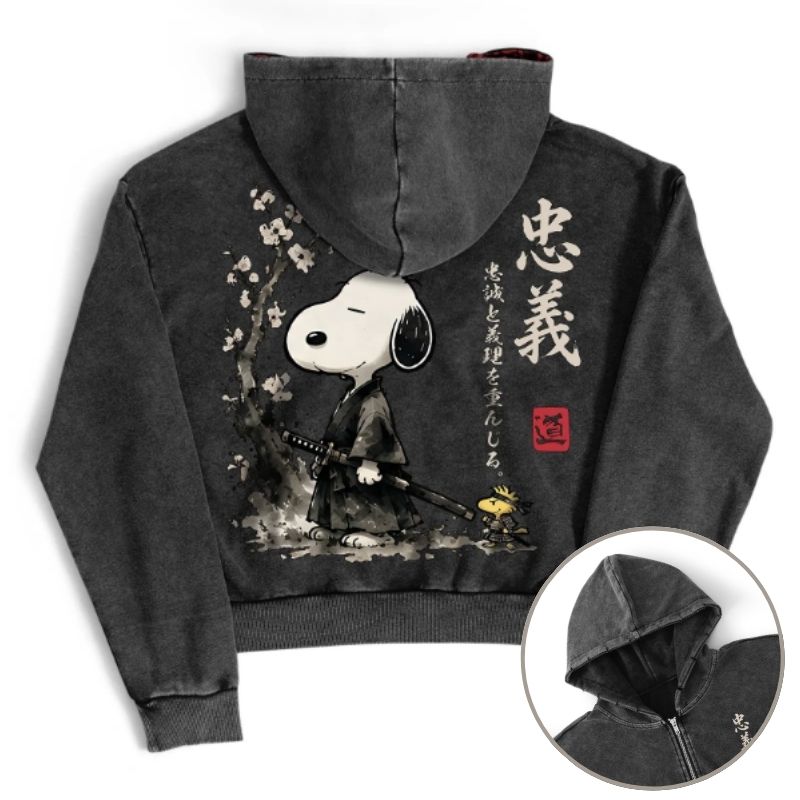 Samurai Style Peanuts Sakura Meditating Graphic Zip-Up Hoodie