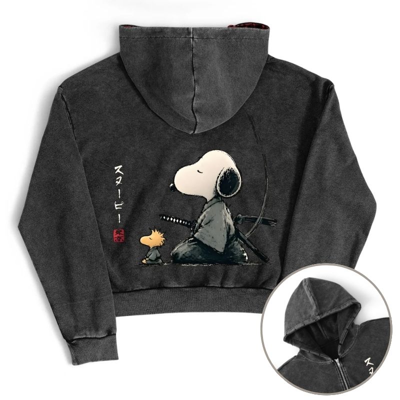 Samurai Style Peanuts Ink Ukiyo-e Vintage Washed Double-Sided Graphic Zip Hoodie