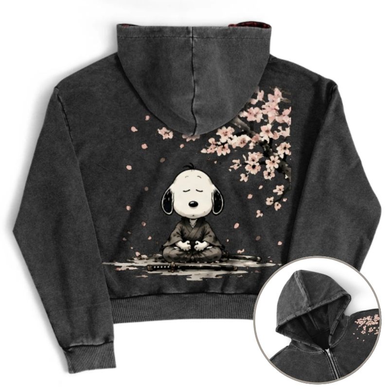 Samurai Style Peanuts Sakura Meditating Graphic Zip-Up Hoodie
