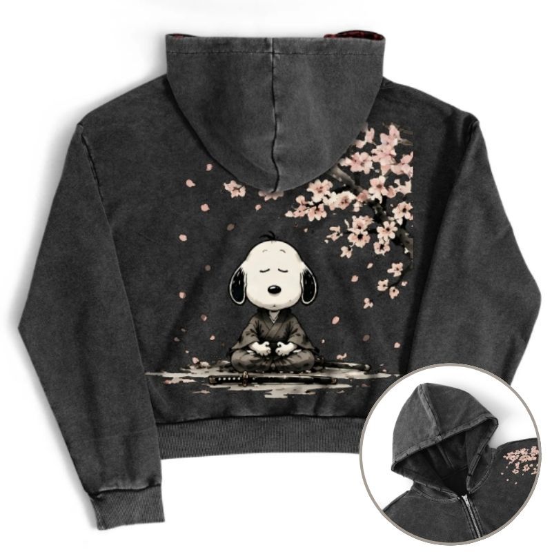 Samurai Style Peanuts Sakura Meditating Graphic Zip-Up Hoodie