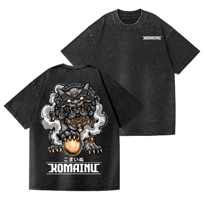 Komainu Vintage Wash Japanese Design Back Art T-Shirt