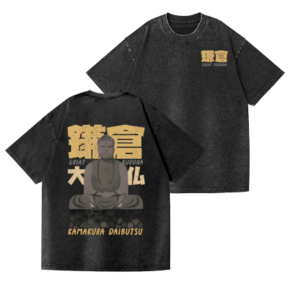 Kamakura Daibutsu Great Buddha Vintage Wash Japanese Design Back Art T-Shirt
